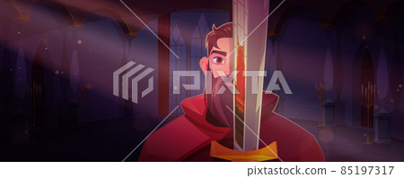 Knight holding sword in medieval royal castle Knight holding sword in medieval royal castle 85197317