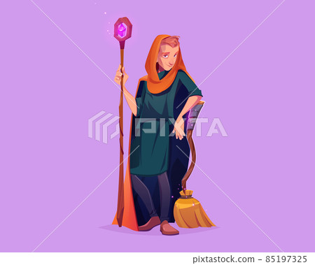Man wizard with magic staff and broom Man wizard with magic staff and broom 85197325
