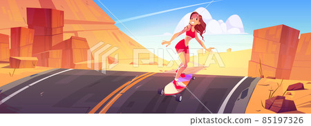 Young woman riding skateboard along the empty road Young woman riding skateboard along the empty road 85197326