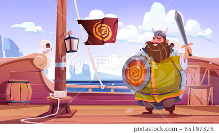 Viking character with sword and shield on ship Viking character with sword and shield on ship 85197328