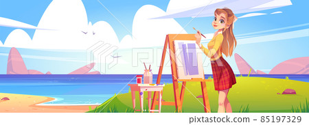 Girl painter on sea beach on plein air Girl painter on sea beach on plein air 85197329