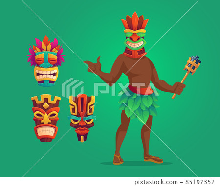 Tiki man with torch and masks, wooden totems set Tiki man with torch and masks, wooden totems set 85197352