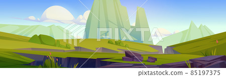 Prehistoric landscape with mountains and cracks Prehistoric landscape with mountains and cracks 85197375