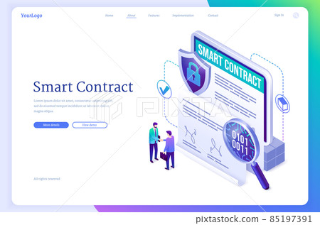 Smart contract isometric landing page, signature Smart contract isometric landing page, signature 85197391