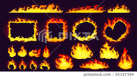 Cartoon fire frames and bonfire, blazing borders 85197394