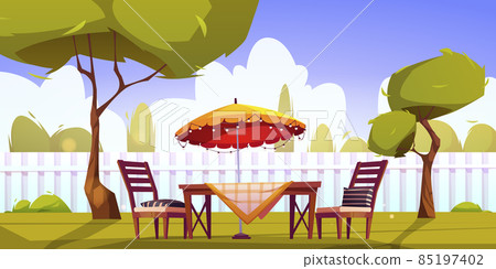 Backyard with fence, table, chairs, umbrella 85197402