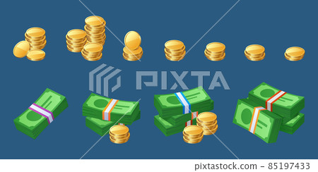 Money cash icons with coins stacks and bills 85197433