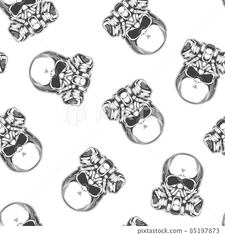 Seamless pattern of vintage monochrome skull with respirator. Vector illustration template Seamless pattern of vintage monochrome skull with respirator. Vector illustration template 85197873