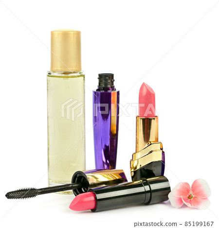 decorative cosmetics and perfume bottle isolated on white background. decorative cosmetics and perfume bottle isolated on white background. 85199167