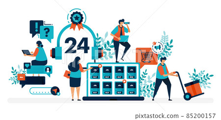 24 hour customer service to help users solve problems. Chatting service helps question with technical issue. Flat vector illustration for landing page, web, website, banner, mobile apps, flyer, poster 24 hour customer service to help users solve problems. Chatting service helps question with technical issue. Flat vector illustration for landing page, web, website, banner, mobile apps, flyer, poster 85200157