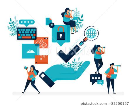 Guarantee of security protection for internet access. Verification on link network. Hand with giant tick. Simple tick symbol vector illustration for landing page, web, mobile apps, flyer, poster, ui 85200167