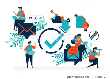 Read verified e-mail. Verify circle symbol to receive and reply messages.Simple tick symbol vector illustration for landing page, web, banner, template, background, mobile apps, ui, flyer, poster 85200172