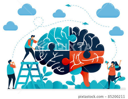 Brainstorming to solve brain puzzles. Metaphor for teamwork and collaboration. Intelligence in handling challenges and problems. Vector illustration, graphic design, card, banner, brochure, flyer 85200211