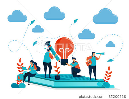 Ideas and inspiration in learning and education. People sitting on books. Modern online learning. Lamp bulb and pencil. Education business. Illustration for business card, banner, brochure, flyer Ideas and inspiration in learning and education. People sitting on books. Modern online learning. Lamp bulb and pencil. Education business. Illustration for business card, banner, brochure, flyer 85200218