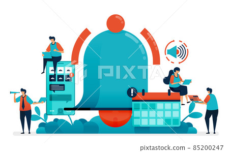 Notifications on calendar schedule for alarm. Friendly reminder for software. Notification message for mobile apps. Ring bell logo and symbol. Vector illustration of website banner, software, poster 85200247