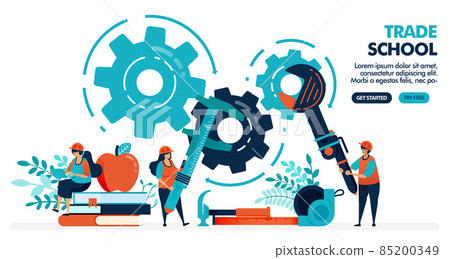 Vector illustration of people learning to repair machines. Trade school or vocational. University or college institution. Vocational education. Design for landing page, web, banner, template, poster Vector illustration of people learning to repair machines. Trade school or vocational. University or college institution. Vocational education. Design for landing page, web, banner, template, poster 85200349