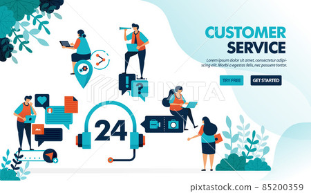 24 hour customer service to help users solve problems. Chatting service helps question with technical issue. Flat vector illustration for landing page, web, website, banner, mobile apps, flyer, poster 85200359