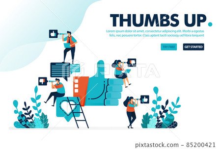 Vector illustration like thumbs up. People give a thumbs up, love and like for social media comments. Share opinions and feelings. Designed for landing page, web, banner, template, flyer, poster, ui Vector illustration like thumbs up. People give a thumbs up, love and like for social media comments. Share opinions and feelings. Designed for landing page, web, banner, template, flyer, poster, ui 85200421