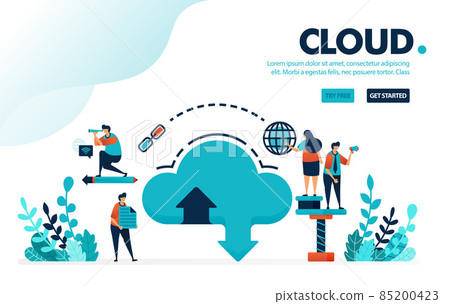 Vector illustration database and cloud. Internet download and upload to database system. Cloud hosting and storage rental services. Designed for landing page, web, banner, template, flyer, poster, ui Vector illustration database and cloud. Internet download and upload to database system. Cloud hosting and storage rental services. Designed for landing page, web, banner, template, flyer, poster, ui 85200423