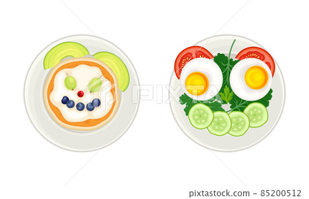 Tasty breakfast for kids served on plates set. Funny shaped dishes with eyes, view from above vector illustration 85200512