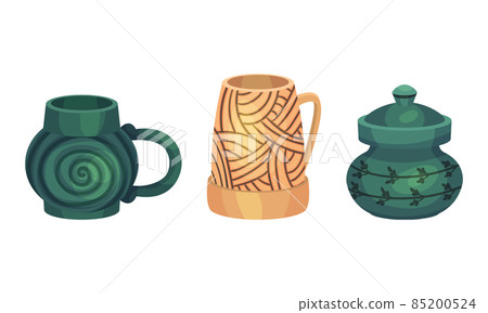 Clay kitchenware assortment set. Mugs and pot ceramic vessels vector illustration 85200524