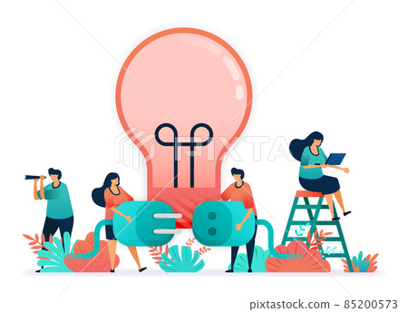 Light bulbs to light with electricity. connect plug and sockets. metaphor of ideas, inspiration, teamwork. Creativity at business, independently in solving problem, brainstorming for solution 85200573