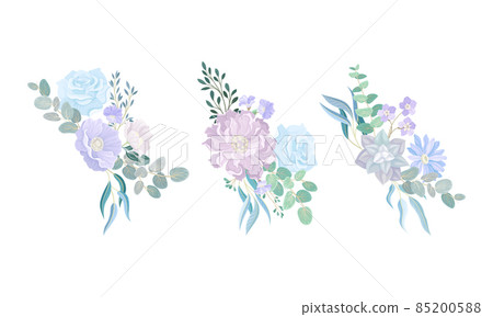 Set of elegant bouquets or bunches of dusty blue, pale pink flowers and twigs. Floral design in trendy pastel colors vector illustration Set of elegant bouquets or bunches of dusty blue, pale pink flowers and twigs. Floral design in trendy pastel colors vector illustration 85200588
