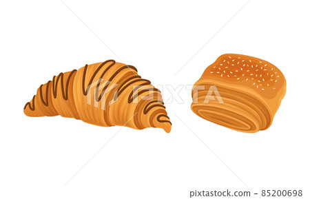 Pastry products for bakery menu assortment set. Croissant and puff bun vector illustration 85200698