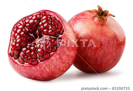 Pomegranate fruit whole and open on a white background. Isolated 85200733
