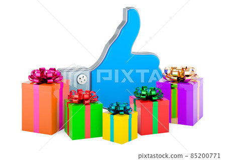 Thumb up symbol with gift boxes, 3D rendering Thumb up symbol with gift boxes, 3D rendering 85200771