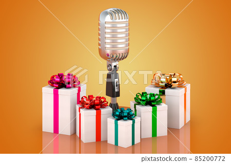 Studio microphone with gifts, 3D rendering Studio microphone with gifts, 3D rendering 85200772