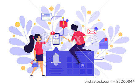 People Set Bell Notifications or Ringing Bell Alarms to Send Messages And Set Schedules With Bookmark in Calendar. Character Concept Vector Illustration For Web Landing Page, Banner, Mobile Apps, Card 85200844