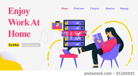 Design a girl sitting in a home chair casually and working as a freelancer by designing, getting orders and meeting clients on the internet. Flat vector illustration concept for Landing page, website Design a girl sitting in a home chair casually and working as a freelancer by designing, getting orders and meeting clients on the internet. Flat vector illustration concept for Landing page, website 85200885