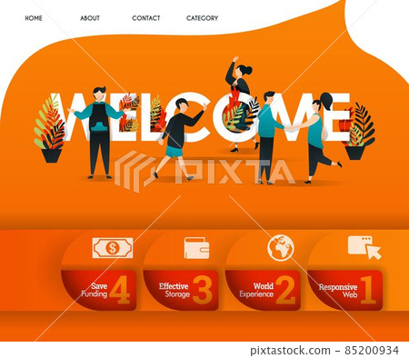 WELCOME word with an orange theme and lots of people around. can use for, landing page, template, ui, web, mobile app, poster, banner, flyer, vector illustration, online promotion, internet marketing 85200934