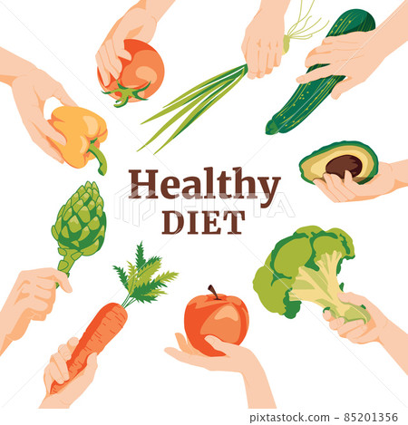 Flat vector illustration of vegetable set  isolated on white background. Circle frame with text. Fresh, organic, delicious vegetables, healthy vegetarian food. Vegan menu. 85201356