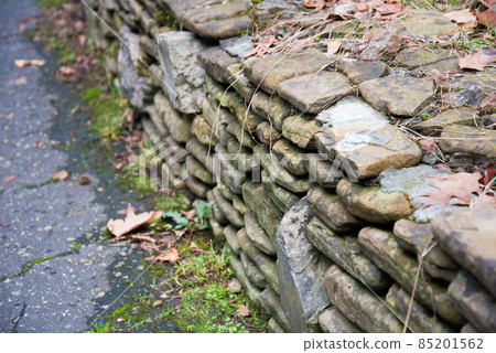 Texture of an old stone wall covered with green moss. Stones and moss. Greeting card Texture of an old stone wall covered with green moss. Stones and moss. Greeting card 85201562