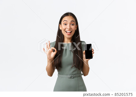 Small business owners, women entrepreneurs concept. Satisfied asian female client, woman in dress showing smartphone screen app, make okay gesture, recommend application Small business owners, women entrepreneurs concept. Satisfied asian female client, woman in dress showing smartphone screen app, make okay gesture, recommend application 85201575