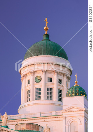 Helsinki, Finland. Close Up Of Lutheran Cathedral On Senate Square. Famous Landmark In Finnish Capital 85202834