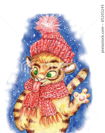 Watercolor drawing of a tiger cub in a warm hat with his tongue hanging out. Watercolor drawing of a tiger cub in a warm hat with his tongue hanging out. 85203245