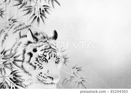 強大的老虎和竹林水墨畫風格新年賀卡背景插圖單調水墨背景白色水平其他顏色/可用高分辨率圖像 85204303
