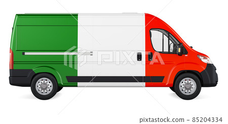 Irish flag painted on commercial delivery van. Freight delivery in Ireland, concept. 3D rendering 85204334