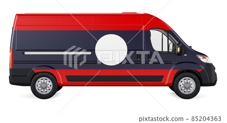 Laotian flag painted on commercial delivery van. Freight delivery in Laos, concept. 3D rendering Laotian flag painted on commercial delivery van. Freight delivery in Laos, concept. 3D rendering 85204363