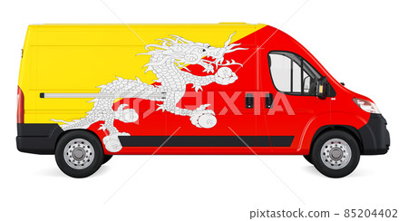 Bhutanese flag painted on commercial delivery van. Freight delivery in Bhutan, concept. 3D rendering 85204402