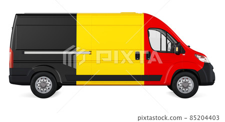 Belgian flag painted on commercial delivery van. Freight delivery in Belgium, concept. 3D rendering Belgian flag painted on commercial delivery van. Freight delivery in Belgium, concept. 3D rendering 85204403