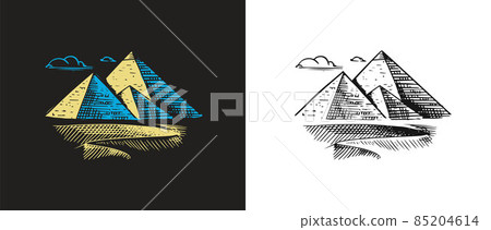 Egyptian pyramid. Hand drawn engraved old sketch. Seven Wonders of the Ancient World. Egyptian pyramid. Hand drawn engraved old sketch. Seven Wonders of the Ancient World. 85204614