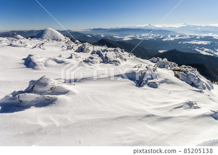 Snow covered winter mountains. Arctic landscape. Colorful outdoor scene, Artistic style post processed photo. 85205138