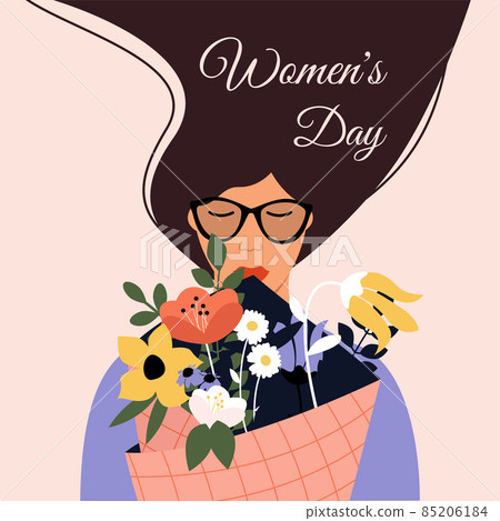 A woman in glasses with long hair holds a bouquet of flowers. Congratulations on March 8 or women equality day. Greeting card, wallpaper, template. Vector illustration. 85206184