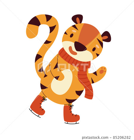 Cheerful cartoon tiger is skating in red skates and a scarf 85206282