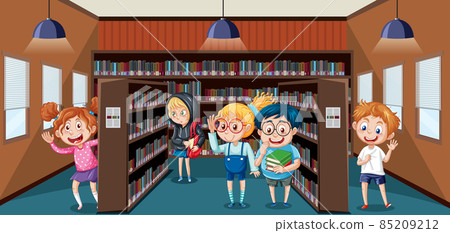 School library scene with happy children 85209212