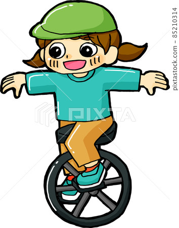 A smiling child riding a unicycle 85210314